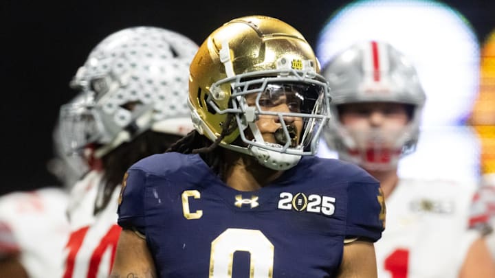 Jan 20, 2025; Atlanta, GA, USA; Notre Dame Fighting Irish safety Xavier Watts (0) against the Ohio State Buckeyes during the CFP National Championship college football game at Mercedes-Benz Stadium. Mandatory Credit: Mark J. Rebilas-Imagn Images