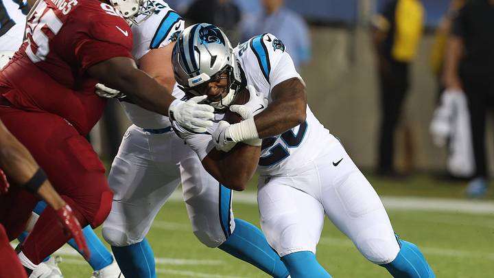Carolina Panthers AJ Dillon scores on a 1-yard run in the first half against the Arizona Cardinals 