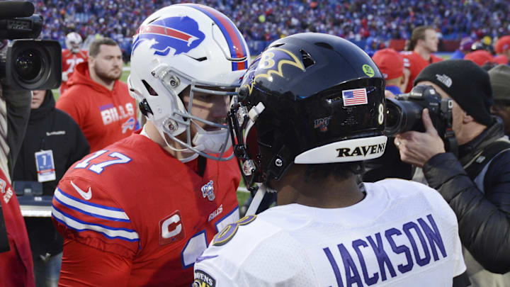 Dec 8, 2019; Orchard Park, NY, USA; Buffalo Bills quarterback Josh Allen (17) meets Baltimore Ravens quarterback Lamar Jackson (8) at mid-field after a game at New Era Field. Mandatory Credit: Mark Konezny-Imagn Images