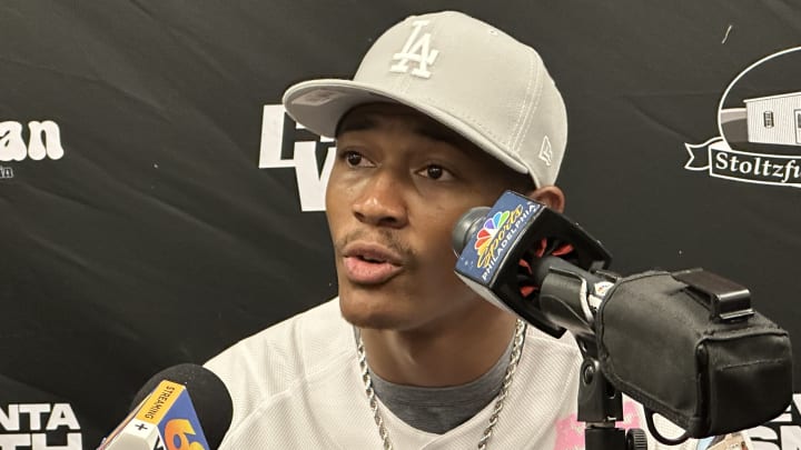 DeVonta Smith has a press conference before his third annual celebrity softball game at Coca-Cola Stadium in Allentown, PA. DeVonta Smith has a press conference before his third annual celebrity softball game at Coca-Cola Stadium in Allentown, PA.