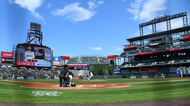 Sep 7, 2025; Denver, Colorado, USA; San Diego Padres outfielder Fernando Tatis Jr. (23) at bat against Colorado Rockies pitcher Tanner Gordon (29) during the first inning at Coors Field. Mandatory Credit: Christopher Hanewinckel-Imagn Images