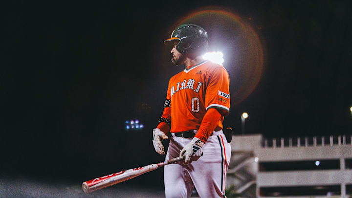 Miami Hurricanes Second Baseball Doran Gonzalez Jr preparing at bat.
