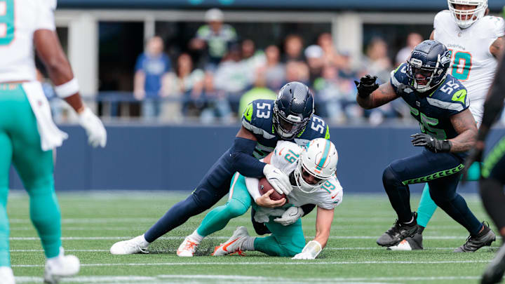 Seattle Seahawks linebacker Boye Mafe (53) sacks Miami Dolphins quarterback Skylar Thompson (19) during the second quarter at Lumen Field in Week 3 last season. Seattle Seahawks linebacker Boye Mafe (53) sacks Miami Dolphins quarterback Skylar Thompson (19) during the second quarter at Lumen Field in Week 3 last season.