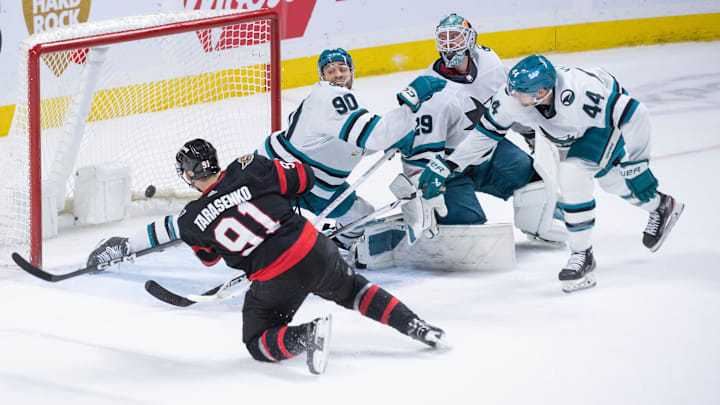 Jan 13, 2024; Ottawa, Ontario, CAN; Ottawa Senators right wing Vladimir Tarasenko (91) scores the