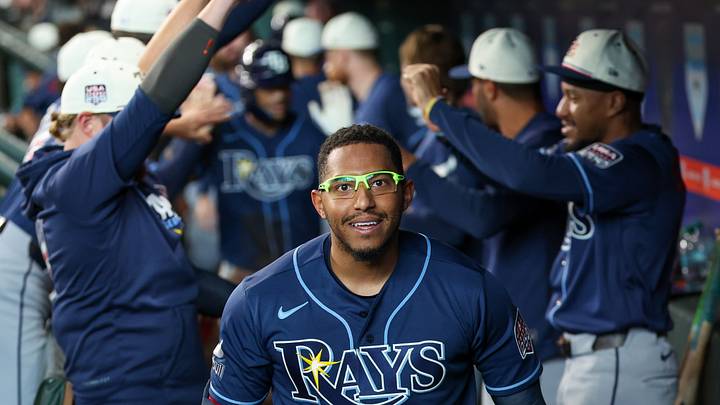 Jul 4, 2026; Houston, Texas, USA; Tampa Bay Rays second baseman Richie Palacios (1) celebrates hitting a two run home run against the Houston Astros in the first inning at Daikin Park. Jul 4, 2026; Houston, Texas, USA; Tampa Bay Rays second baseman Richie Palacios (1) celebrates hitting a two run home run against the Houston Astros in the first inning at Daikin Park.