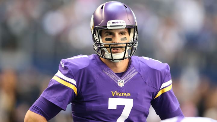 Nov 3, 2013; Arlington, TX, USA; Minnesota Vikings quarterback Christian Ponder (7) prior to the game against the Dallas Cowboys at AT&T Stadium