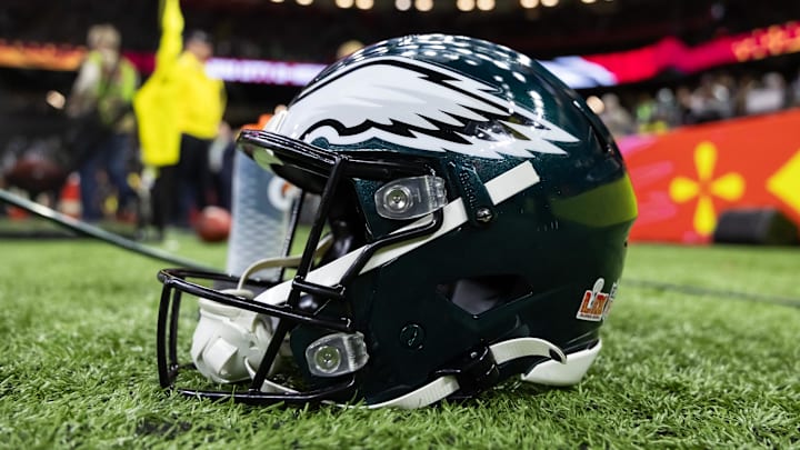 Feb 9, 2025; New Orleans, LA, USA; Detailed view of a Philadelphia Eagles helmet during Super Bowl LIX at Ceasars Superdome. Mandatory Credit: Mark J. Rebilas-Imagn Images