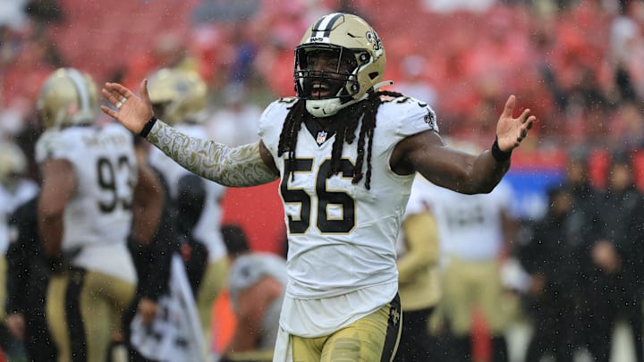 Dec 7, 2025; Tampa, Florida, USA; New Orleans Saints linebacker Demario Davis (56) reacts after a tackle during the second quarter against the Tampa Bay Buccaneers at Raymond James Stadium. Mandatory Credit: Kim Klement Neitzel-Imagn Images