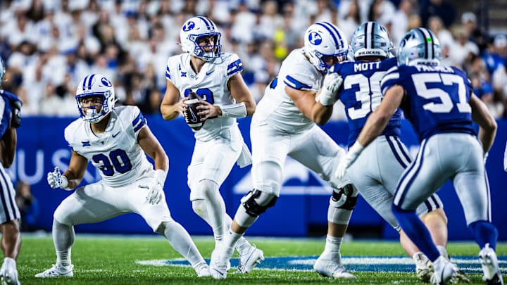 BYU QB Jake Retzlaff drops back against Kansas State