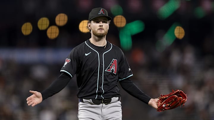 Sep 3, 2024; San Francisco, California, USA;  Arizona Diamondbacks starting pitcher Ryne Nelson (19) gestures as he walks off the field after throwing against the San Francisco Giants during the fourth inning at Oracle Park. Mandatory Credit: John Hefti-Imagn Images