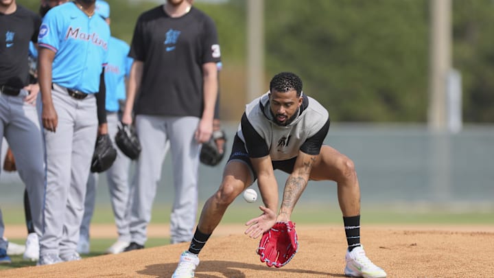 Feb 17, 2024; Jupiter, FL, USA; Miami Marlins starting pitcher Sandy Alcantara (22) practices during a spring training workout at the Marlins Player Development & Scouting Complex. Mandatory Credit: Sam Navarro-Imagn Images