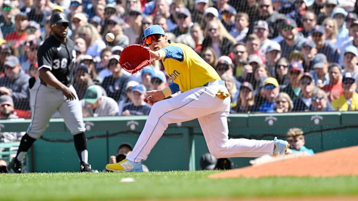 Apr 20, 2025; Boston, Massachusetts, USA; Boston Red Sox first baseman Triston Casas (36) makes a catch for an out against the Chicago White Sox during the second inning at Fenway Park. Mandatory Credit: Eric Canha-Imagn Images