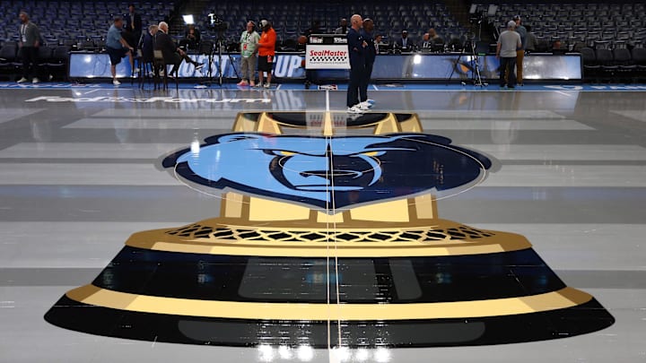 Nov 19, 2024; Memphis, Tennessee, USA; The Memphis Grizzlies court for the NBA Cup tournament prior to the game at FedExForum against the Denver Nuggets. Mandatory Credit: Petre Thomas-Imagn Images
