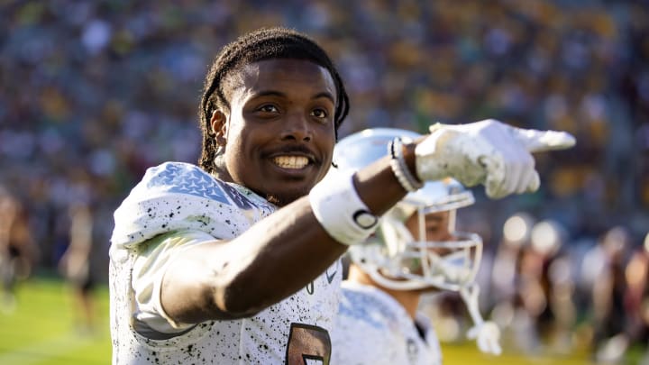 Nov 18, 2023; Tempe, Arizona, USA; Oregon Ducks defensive back Khyree Jackson (5) against the Arizona State Sun Devils at Mountain America Stadium. Mandatory Credit: Mark J. Rebilas-USA TODAY Sports
