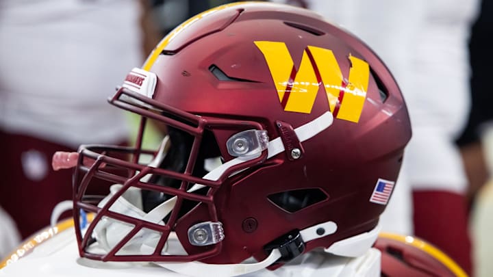 Sep 29, 2024; Glendale, Arizona, USA; Detailed view of a Washington Commanders helmet at State Farm Stadium. Mandatory Credit: Mark J. Rebilas-Imagn Images