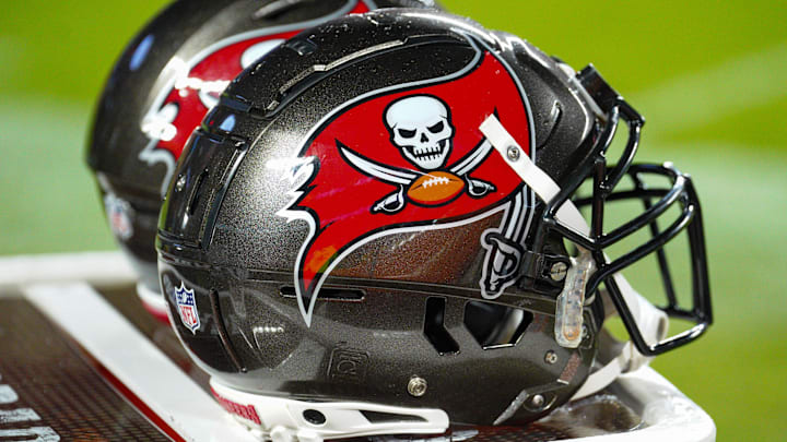 Nov 4, 2024; Kansas City, Missouri, USA; A general view of Tampa Bay Buccaneers helmets against the Kansas City Chiefs during the first half at GEHA Field at Arrowhead Stadium. Mandatory Credit: Denny Medley-Imagn Images