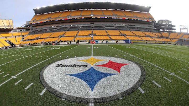 Nov 17, 2024; Pittsburgh, Pennsylvania, USA; General view of the logo at mid-field before the Pittsburgh Steelers host the Baltimore Ravens at Acrisure Stadium. Mandatory Credit: Charles LeClaire-Imagn Images Nov 17, 2024; Pittsburgh, Pennsylvania, USA; General view of the logo at mid-field before the Pittsburgh Steelers host the Baltimore Ravens at Acrisure Stadium. Mandatory Credit: Charles LeClaire-Imagn Images