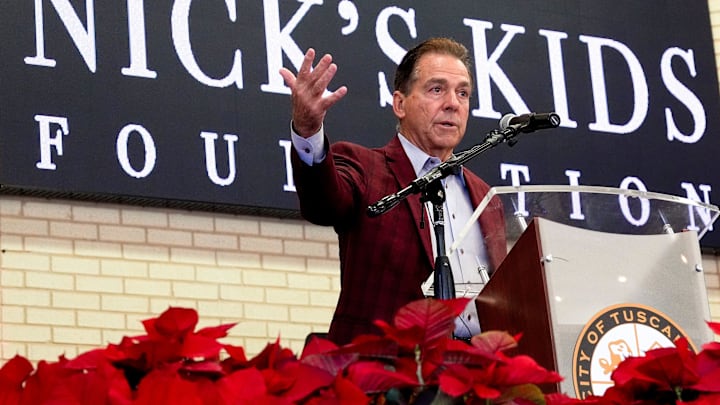 Nick Saban speaks before helping unveil the newest rendering of the Saban Center during the Nick’s Kids Foundation Teacher Appreciation luncheon at Tuscaloosa River Market Tuesday, Dec. 10, 2024. Nick Saban speaks before helping unveil the newest rendering of the Saban Center during the Nick’s Kids Foundation Teacher Appreciation luncheon at Tuscaloosa River Market Tuesday, Dec. 10, 2024.