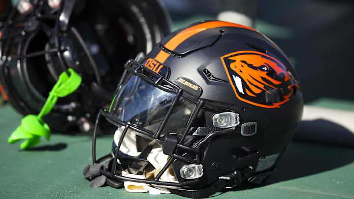 Nov 19, 2022; Tempe, Arizona, USA; Detailed view of an Oregon State Beavers helmet at Sun Devil Stadium. Mandatory Credit: Mark J. Rebilas-Imagn Images Nov 19, 2022; Tempe, Arizona, USA; Detailed view of an Oregon State Beavers helmet at Sun Devil Stadium. Mandatory Credit: Mark J. Rebilas-Imagn Images
