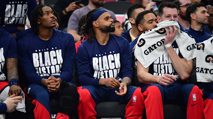 Feb 4, 2025; Inglewood, California, USA; Los Angeles Clippers guard Patty Mills (88) watches game action against the Los Angeles Lakers during the first half at Intuit Dome. Mandatory Credit: Gary A. Vasquez-Imagn Images