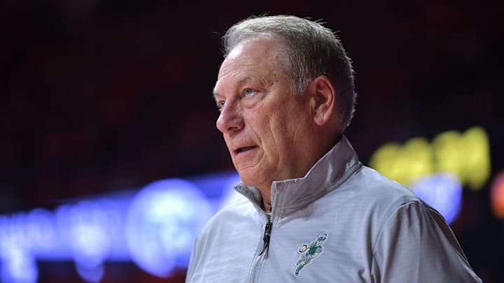 Feb 15, 2025; Champaign, Illinois, USA;  Michigan State Spartans head coach Tom Izzo during the second half against the Illinois Fighting Illini at State Farm Center. Mandatory Credit: Ron Johnson-Imagn Images