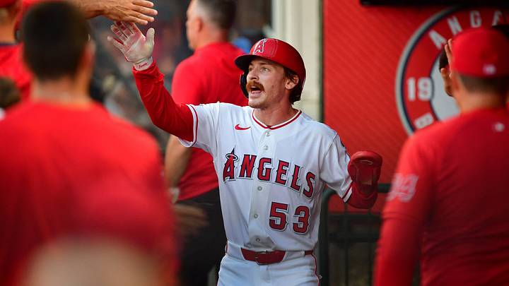 Aug 28, 2026; Anaheim, California, USA; Los Angeles Angels left fielder Wade Meckler (53) is greeted after scoring a run off wild pitch by Philadelphia Phillies pitcher Andrew Painter (24) during the first inning at Angel Stadium. Mandatory Credit: Gary A. Vasquez-Imagn Images Aug 28, 2026; Anaheim, California, USA; Los Angeles Angels left fielder Wade Meckler (53) is greeted after scoring a run off wild pitch by Philadelphia Phillies pitcher Andrew Painter (24) during the first inning at Angel Stadium. Mandatory Credit: Gary A. Vasquez-Imagn Images