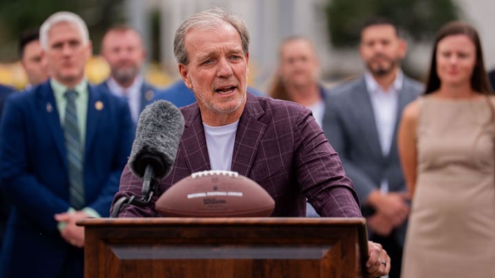 Jimbo Fisher, who won a National Championship title as head coach at Florida State University, speaks at a press conference in support of HB 731, which was created to increase coaches pay in Florida schools, Wednesday, Feb. 18, 2026.