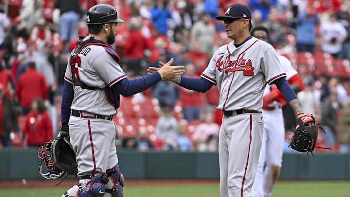Apr 5, 2023; St. Louis, Missouri, USA;  Atlanta Braves relief pitcher Jesse Chavez (60) and catcher