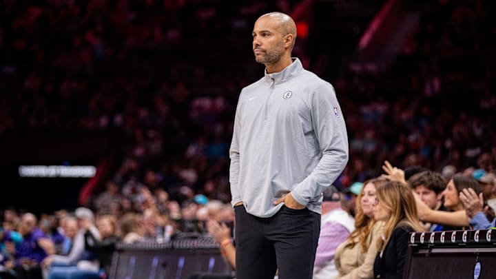 Mar 8, 2025; Charlotte, North Carolina, USA; Brooklyn Nets head coach Jordi Fernandez looks on during the third quarter against the Charlotte Hornets at Spectrum Center. Mandatory Credit: Scott Kinser-Imagn Images