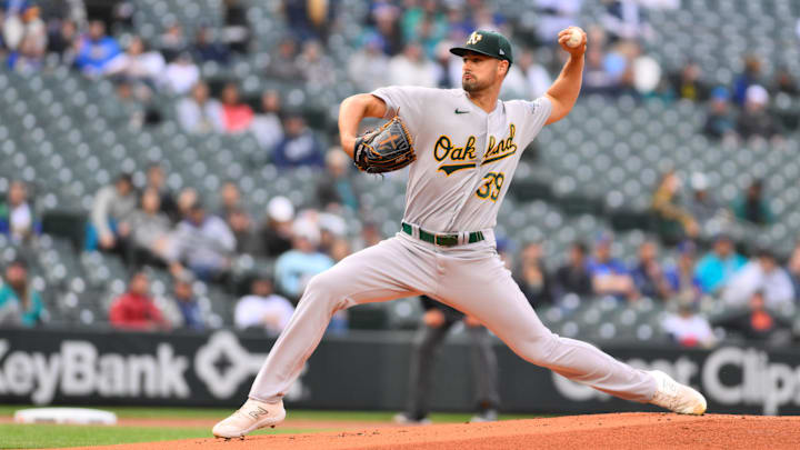 May 22, 2023; Seattle, Washington, USA; Oakland Athletics starting pitcher Kyle Muller (39) pitches to the Seattle Mariners during the first inning at T-Mobile Park. Mandatory Credit: Steven Bisig-Imagn Images