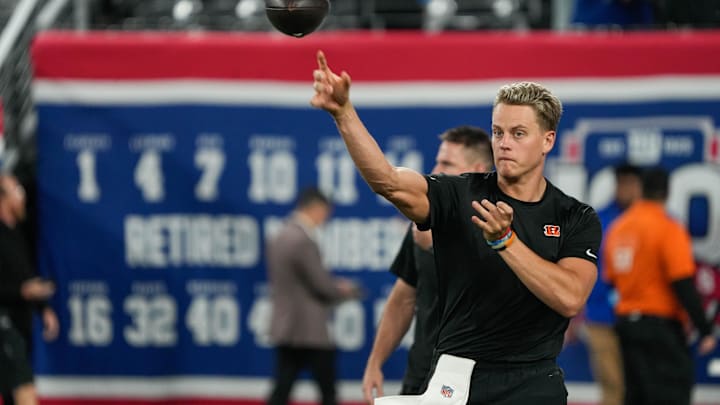 Joe Burrow throws some warm up passes before their game against the Giants at MetLife Stadium on Sunday October 13, 2024.