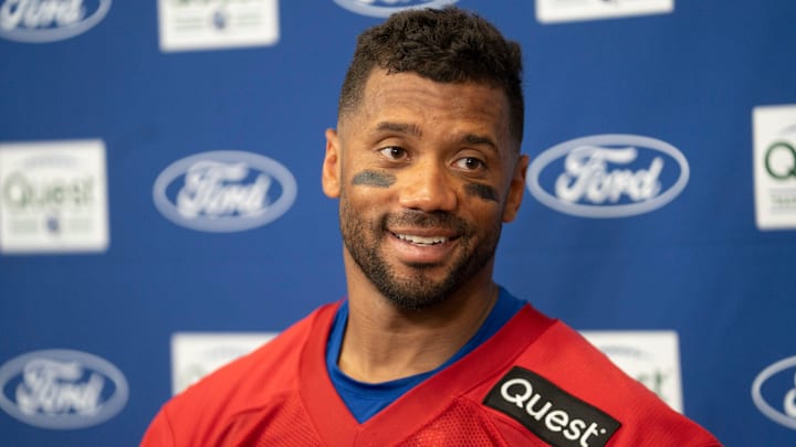 New York Giants quarterback Russell Wilson (3) speaks during a press conference during day one of the New York Giants training camp at Quest Diagnostics Giants Training Center in East Rutherford on Wednesday, July 23, 2025.