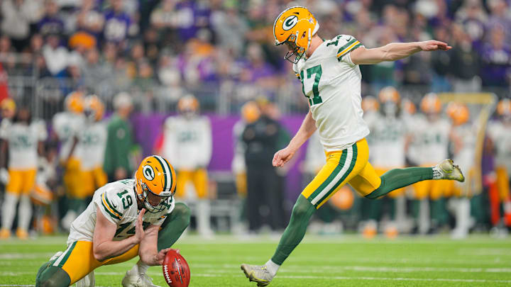 Dec 31, 2023; Minneapolis, Minnesota, USA; Green Bay Packers place kicker Anders Carlson (17) kicks