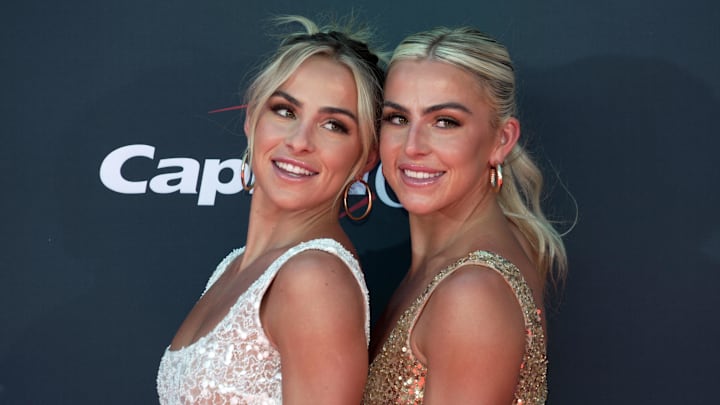 Jul 12, 2023; Hanna Cavinder and Haley Cavinder arrive on the red carpet before the 2023 ESPYS at the Dolby Theatre.