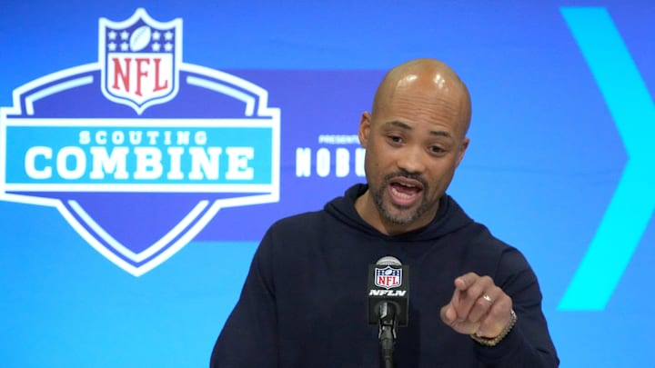 Feb 27, 2024; Indianapolis, IN, USA; Atlanta Falcons general manager Terry Fontenot during the NFL Scouting Combine at Indiana Convention Center. Mandatory Credit: Kirby Lee-Imagn Images