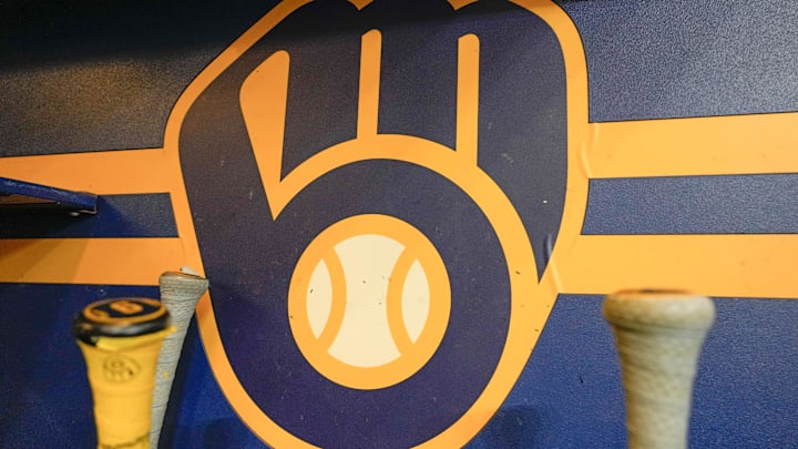 Apr 18, 2025; Milwaukee, Wisconsin, USA;  General view of the Milwaukee Brewers logo in the dugout during batting practice prior to the game against the Athletics at American Family Field. Mandatory Credit: Jeff Hanisch-Imagn Images