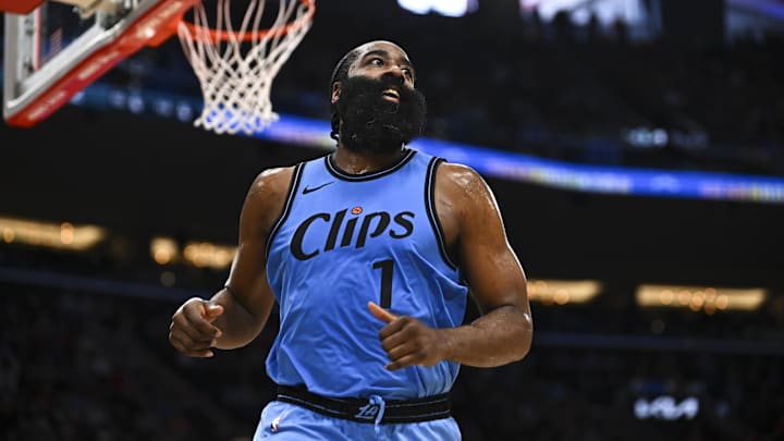 Mar 16, 2025; Inglewood, California, USA; LA Clippers guard James Harden (1) reacts against the Charlotte Hornets during the second half at Intuit Dome. Mandatory Credit: Jonathan Hui-Imagn Images