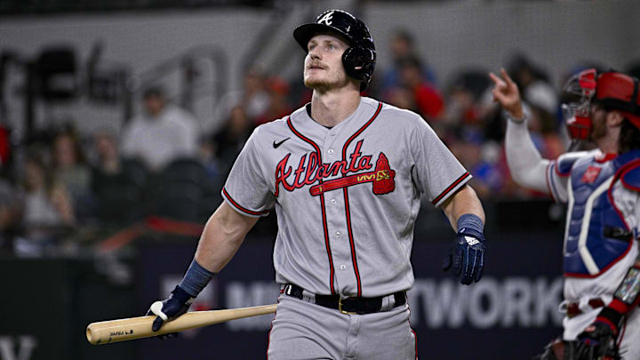 May 16, 2023; Arlington, Texas, USA; Atlanta Braves catcher Sean Murphy (12) reacts to striking out