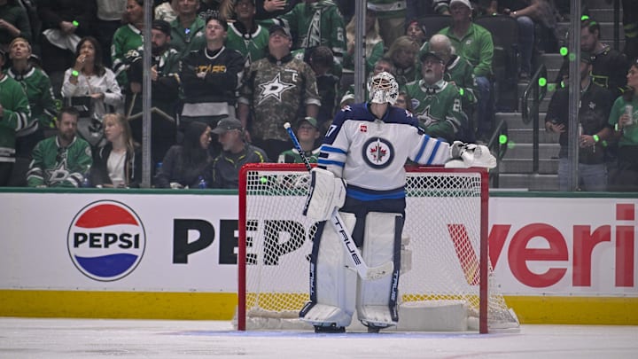 May 11, 2025; Dallas, Texas, USA; Winnipeg Jets goaltender Connor Hellebuyck (37) looks on during the game between the Dallas Stars and the Winnipeg Jets in game three of the second round of the 2025 Stanley Cup Playoffs at American Airlines Center. Mandatory Credit: Jerome Miron-Imagn Images