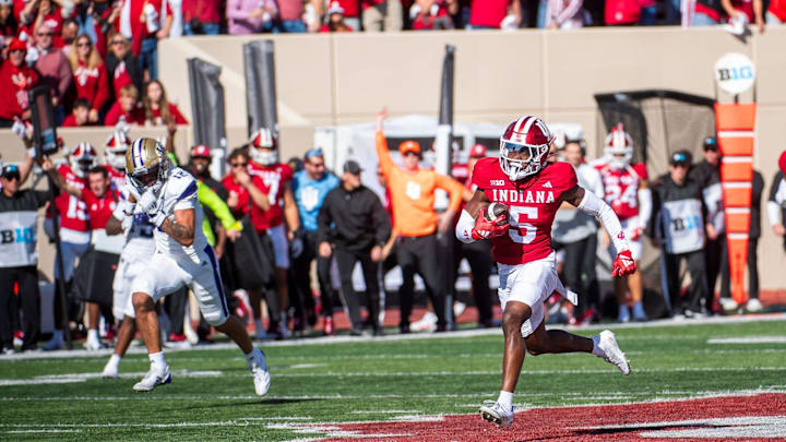 Indiana's D'Angelo Ponds (5) makes an interception and returns it for a touchdown during the Indiana versus Washington football game at Memorial Stadium on Oct. 26, 2024.