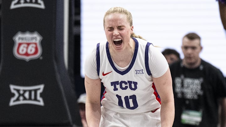 Mar 9, 2025; Kansas City, MO, USA; TCU Horned Frogs guard Hailey Van Lith (10) celebrates after a play against the Baylor Lady Bears during the second half at T-Mobile Center. Mandatory Credit: Amy Kontras-Imagn Images Mar 9, 2025; Kansas City, MO, USA; TCU Horned Frogs guard Hailey Van Lith (10) celebrates after a play against the Baylor Lady Bears during the second half at T-Mobile Center. Mandatory Credit: Amy Kontras-Imagn Images