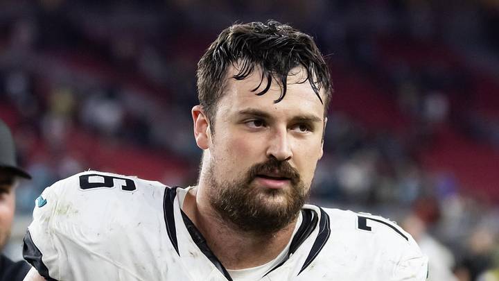 Nov 23, 2025; Glendale, Arizona, USA; Jacksonville Jaguars offensive lineman Ezra Cleveland (76) against the Arizona Cardinals at State Farm Stadium. 