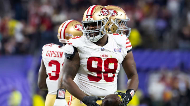 Feb 11, 2024; Paradise, Nevada, USA; San Francisco 49ers defensive tackle Javon Hargrave (98) celebrates a fumble recovery against the Kansas City Chiefs in Super Bowl LVIII at Allegiant Stadium. Mandatory Credit: Mark J. Rebilas-Imagn Images