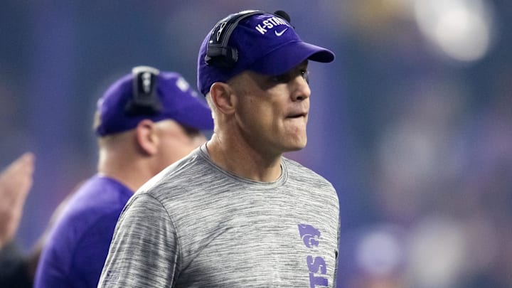 Dec 26, 2024; Phoenix, AZ, USA; Kansas State Wildcats co-offensive coordinator Matt Wells against the Rutgers Scarlet Knights during the Rate Bowl at Chase Field. Mandatory Credit: Mark J. Rebilas-Imagn Images