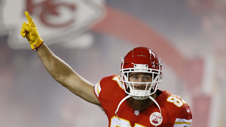 Kansas City Chiefs tight end Travis Kelce (87) runs on the field as he's introduced in the first quarter of the game between the Kansas City Chiefs and the Cincinnati Bengals at Arrowhead Stadium in Kansas City on Oct. 16, 2018.