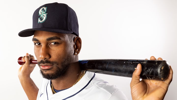 Feb 20, 2025; Peoria, AZ, USA; Seattle Mariners outfielder Lazaro Montes poses for a portrait during media day at Peoria Sports Complex. Mandatory Credit: Mark J. Rebilas-Imagn Images
