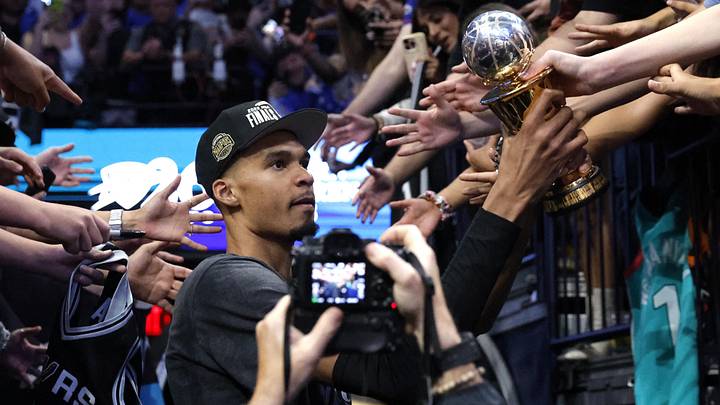 May 30, 2026; Oklahoma City, Oklahoma, USA; San Antonio Spurs forward Victor Wembanyama (1) celebrates with the MVP trophy after defeating the Oklahoma City Thunder in game seven of the western conference finals for the 2026 NBA playoffs at Paycom Center. Mandatory Credit: Alonzo Adams-Imagn Images
