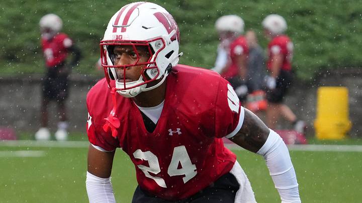 Wisconsin cornerback Jai'mier Scott (24) runs a drill during football practice, July 30, 2025, at Ralph E. Davis Pioneer Stadium in Platteville, Wisconsin.