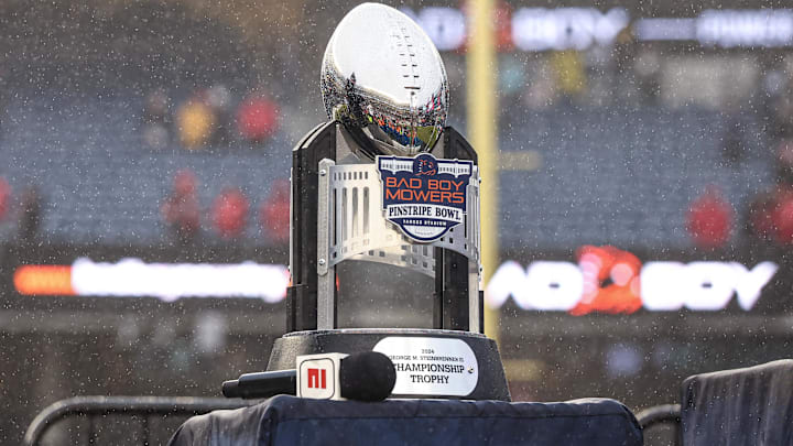 Dec 28, 2024; Bronx, NY, USA; A view of the Pinstripe Bowl trophy after the game between the Boston College Eagles and the Nebraska Cornhuskers at Yankee Stadium. Mandatory Credit: Vincent Carchietta-Imagn Images