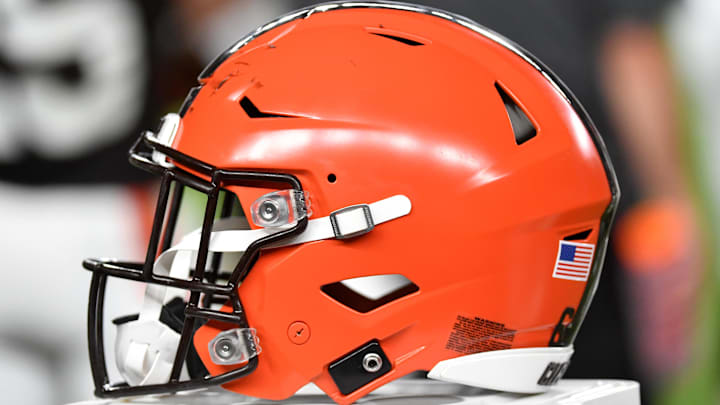 Aug 17, 2023; Philadelphia, Pennsylvania, USA; Cleveland Browns helmet on the sidelines against the